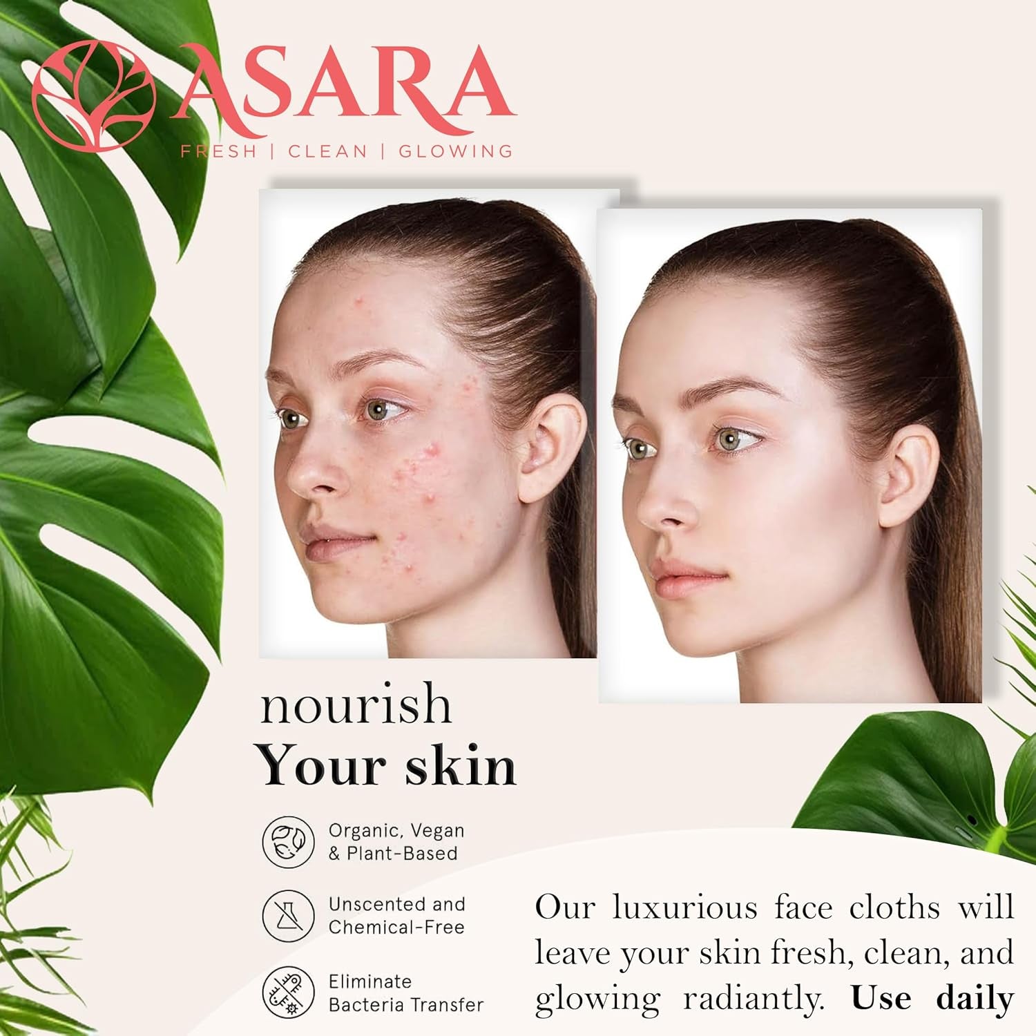 Clean Face Towels Disposable XL Facial Wipes | Add Water as a Makeup Remover | Sensitive Skin Face Towels | Organic Vegan Biodegradable - Clean Daily Towelettes | by Asara (50 Count)